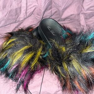 Rainbow Luxury, Faux Fur Women's Slides, Size 6